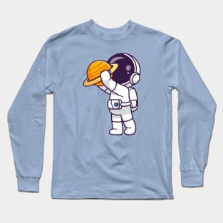 Cute Astronaut Holding Planet Cartoon Long Sleeve T-Shirt